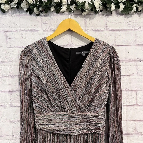 Julia Jordan Multi Colored Shimmery Stripe Metallic Long Sleeve Faux Wrap Dress - Picture 8 of 15